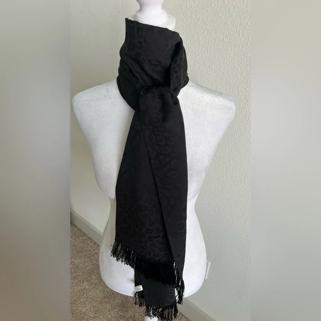 Saint Laurent Silk  Black Leopard Patterned Opera Scarf with fringe - Image 7