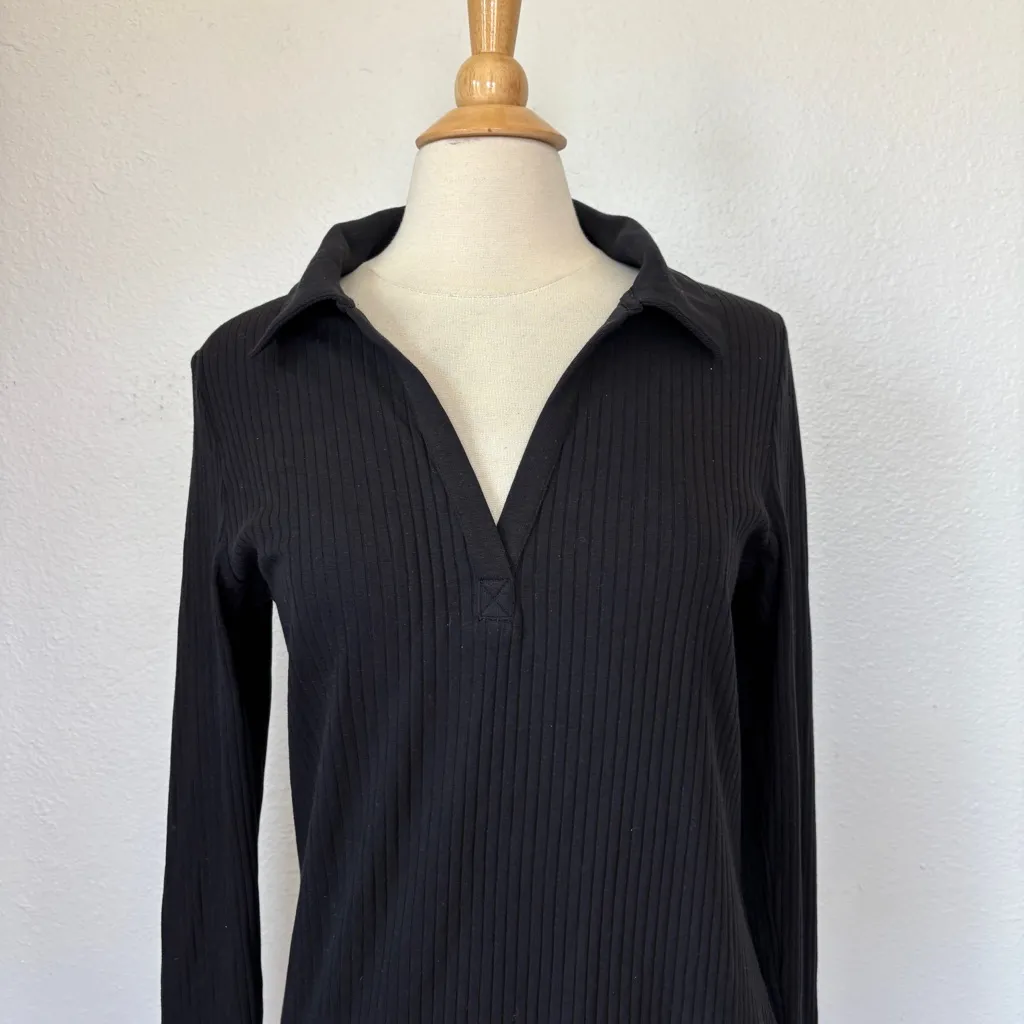 Solid Black Ribbed V-Neck Long Sleeve Collared Dress - Image 3