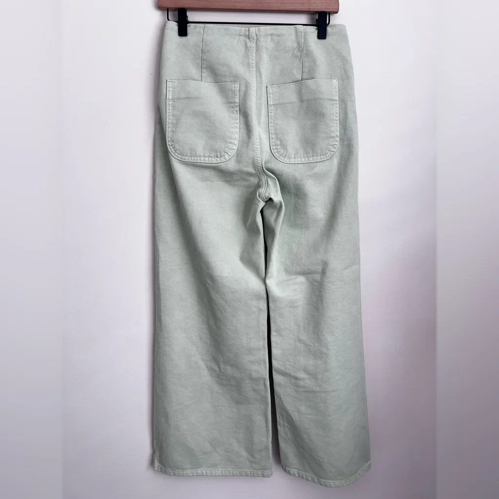 Zara Wide Leg Cropped Jeans Gold Button Front Pockets in Mint Green 4 - Image 3