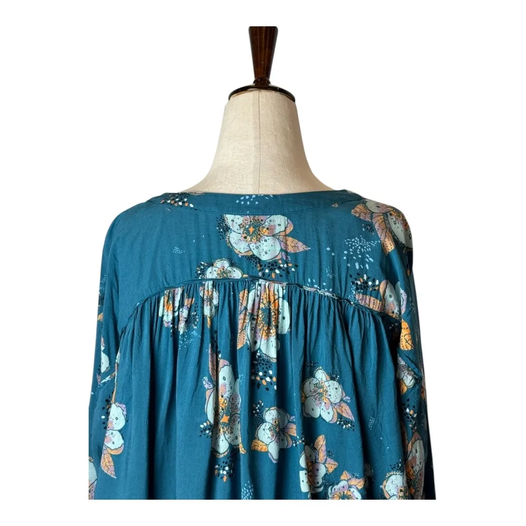 Free People Shirt Women Large Blue Turquoise Tuscan Dreams Floral Tunic Top Boho - Image 8