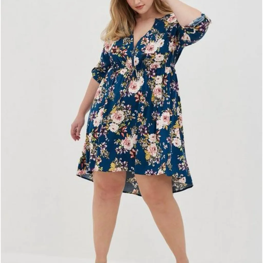 Torrid Blue Floral Zip Up 3/4 Tab Sleeve Pockets Challis Hi‎ Low Shirt Dress 3X - Image 3