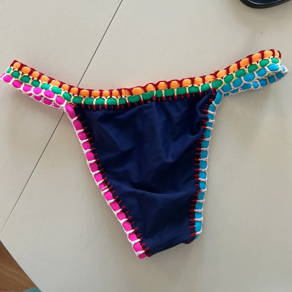 Crochet Bikini in navy with Rainbow hued elastic trim - Image 9