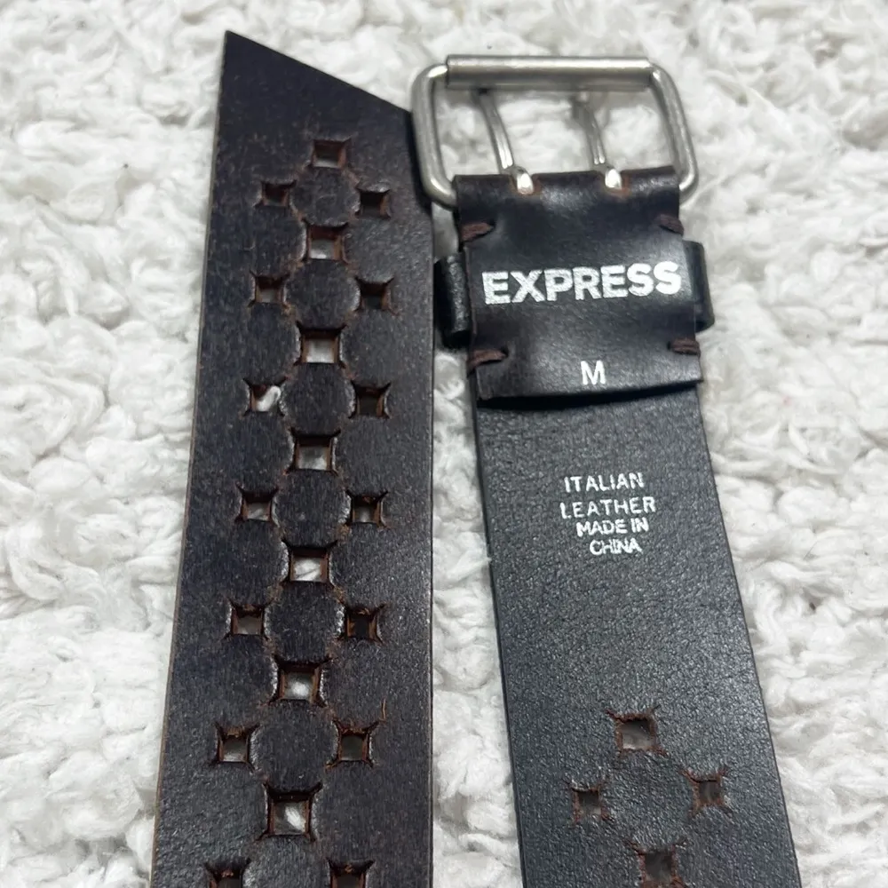 EXPRESS  Vintage Perforated Brown Leather Belt Silver Buckle Medium Adjustable - Image 4