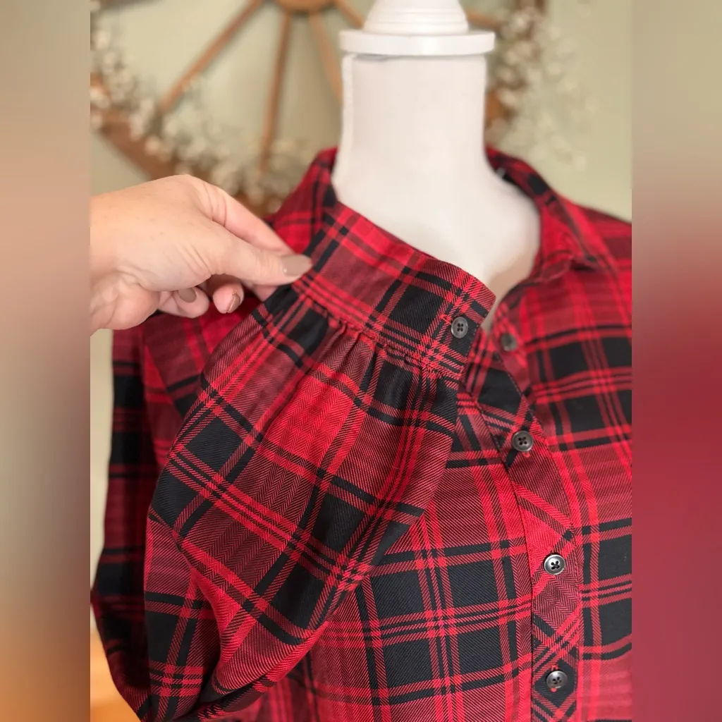 J JILL 1/3 Button Down Shirt Dress Red Black Plaid Pockets Lumberjack Chic Small - Image 3