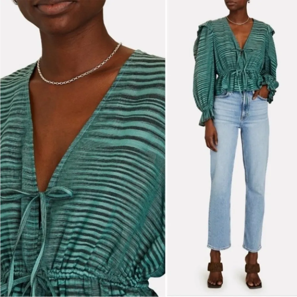 Ulla Johnson Ophelia Cotton Voile Peplum Blouse Teal/ Green Stripe sz 6 - Image 5