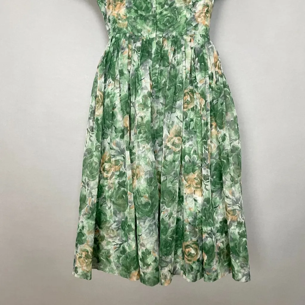 Vintage 1950s Dress Party Chiffon Short Sleeves Floral A - Image 6