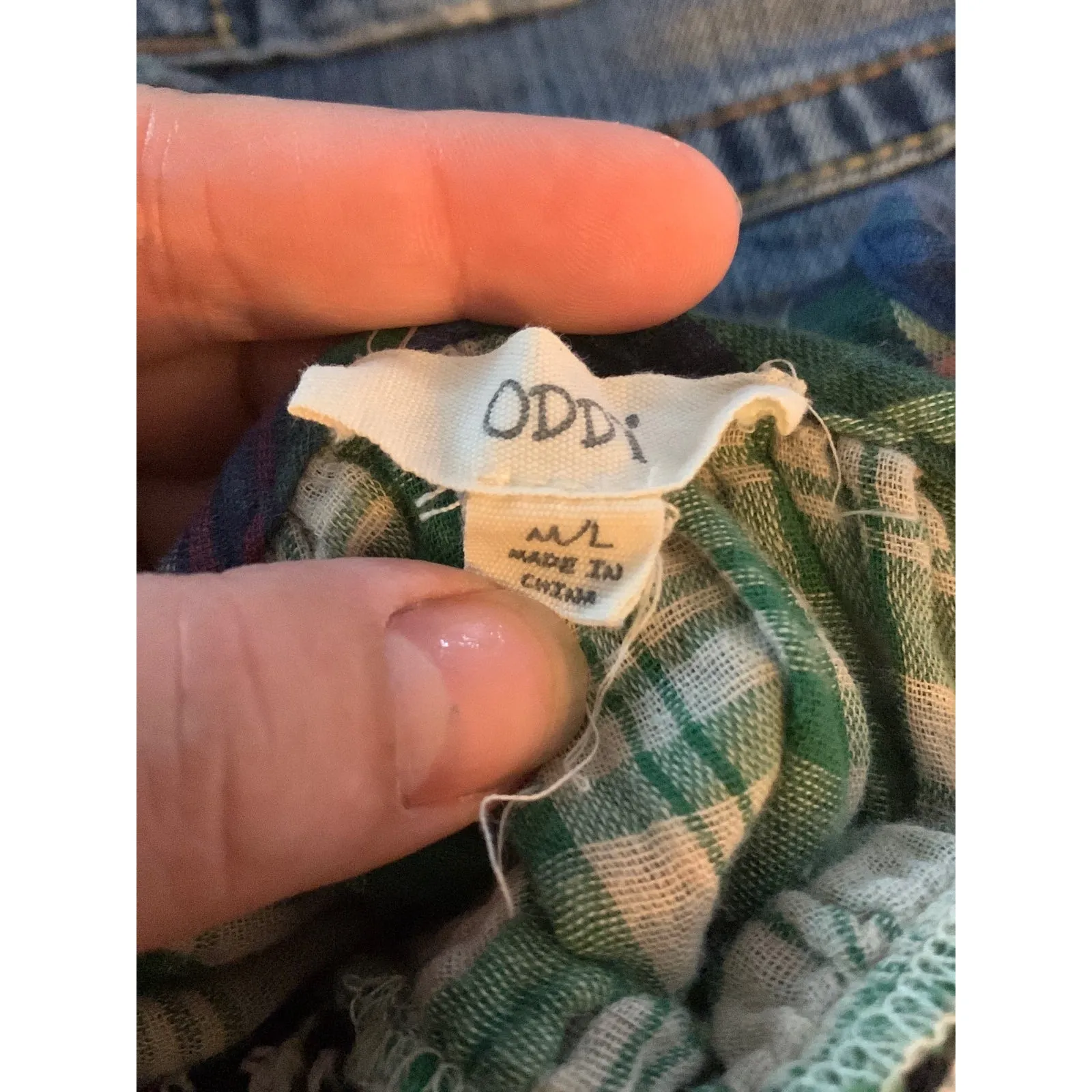 Oddy womens medium large green plaid square neck crochet bell anthropologie shir - Image 3