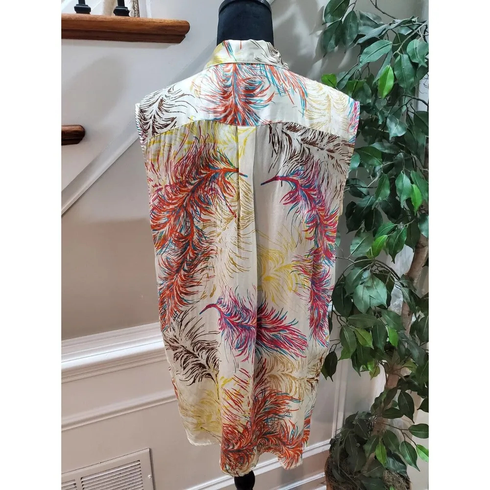 Cabi Multicolor 100% Silk Feather Hi-Low Collared Sleeveless Button Down Shirt M - Image 7