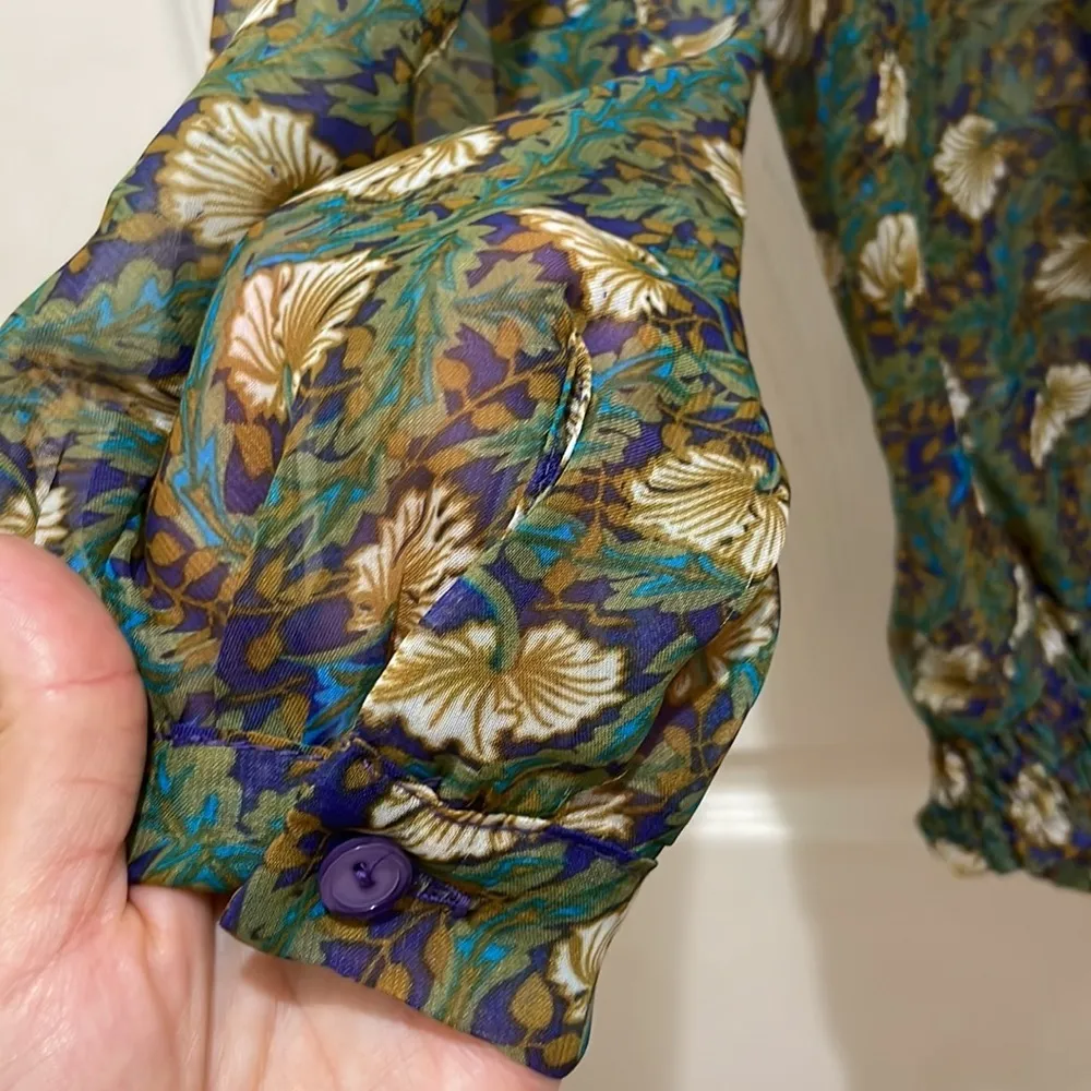 Gibson Green, Purple & White Floral Sheer Long Sleeve Blouse Small - Image 5