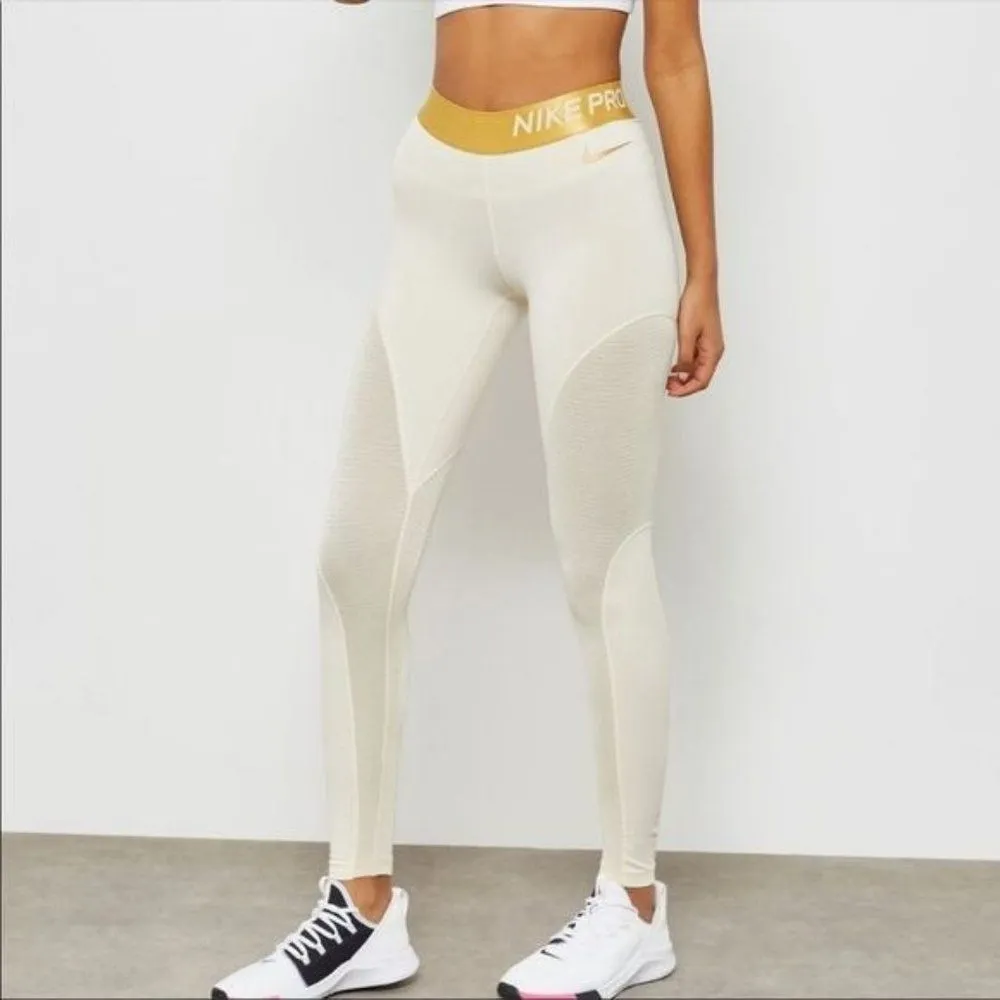 Nike PRO Warm Dri Fit Fleece Lined 7/8 Gold Cream Athletic Leggings - Image 97
