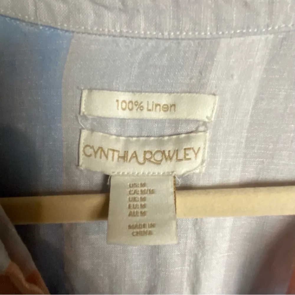 Cynthia Rowley Size Medium Pure Linen Striped Pop Over Blouse Stripes White Blue - Image 6