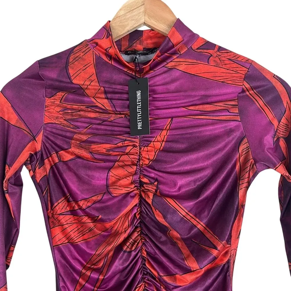 PrettyLittleThing NWT Hot Pink Printed Slinky High Neck Ruched Long Sleeve Dress - Image 4