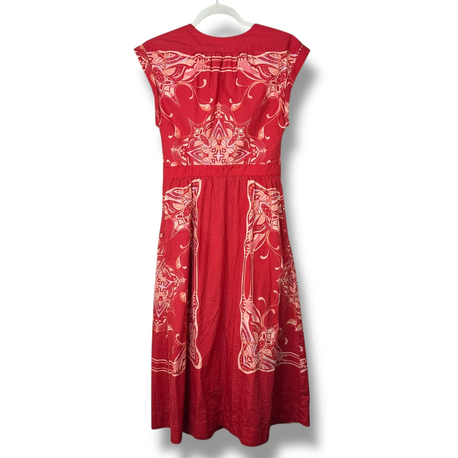 Free People Linvilla Red Bandana Button Knot Tie Front Midi Cap Sleeve Dress - Image 7