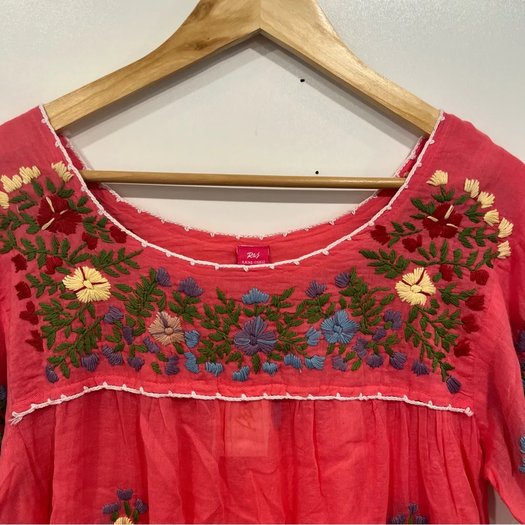 Raj Tunic Embroidered Coral Floral 100% Cotton Dress Sz M NWT Boho Cottagecore Pink Size M - Image 4