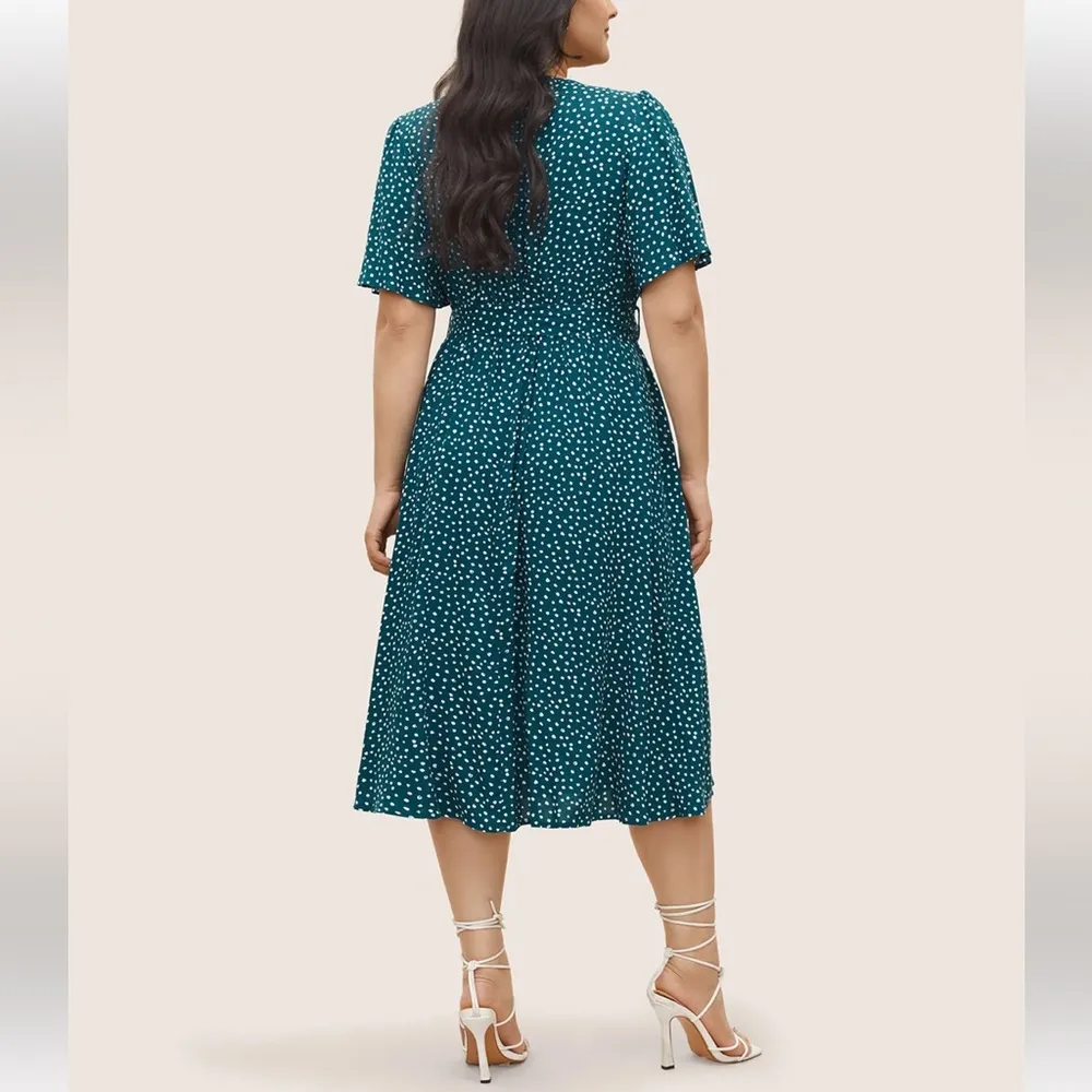 Polka Dot Belted Flutter Sleeve Crew Neck Dress - Image 2
