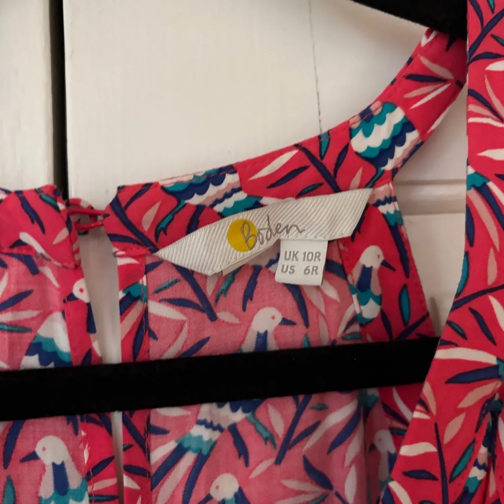 Boden Olwen Strawberry Split Bird Print Dress Size 6 Pink Midi Printed Summer - Image 7