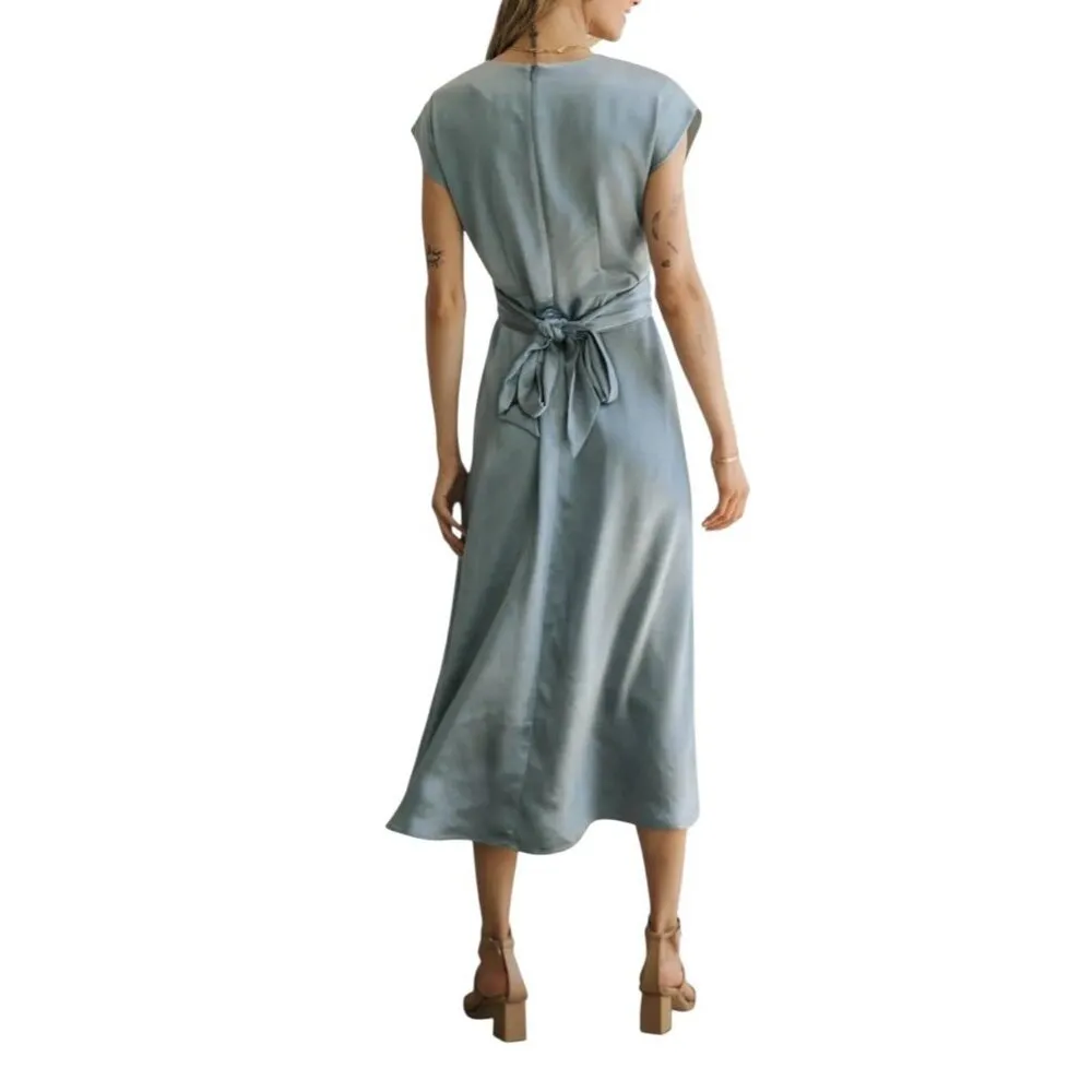 Bohme Rosalind Midi Dress Blue Satin XL Cap Sleeve Front Tie Round Neck - Image 2