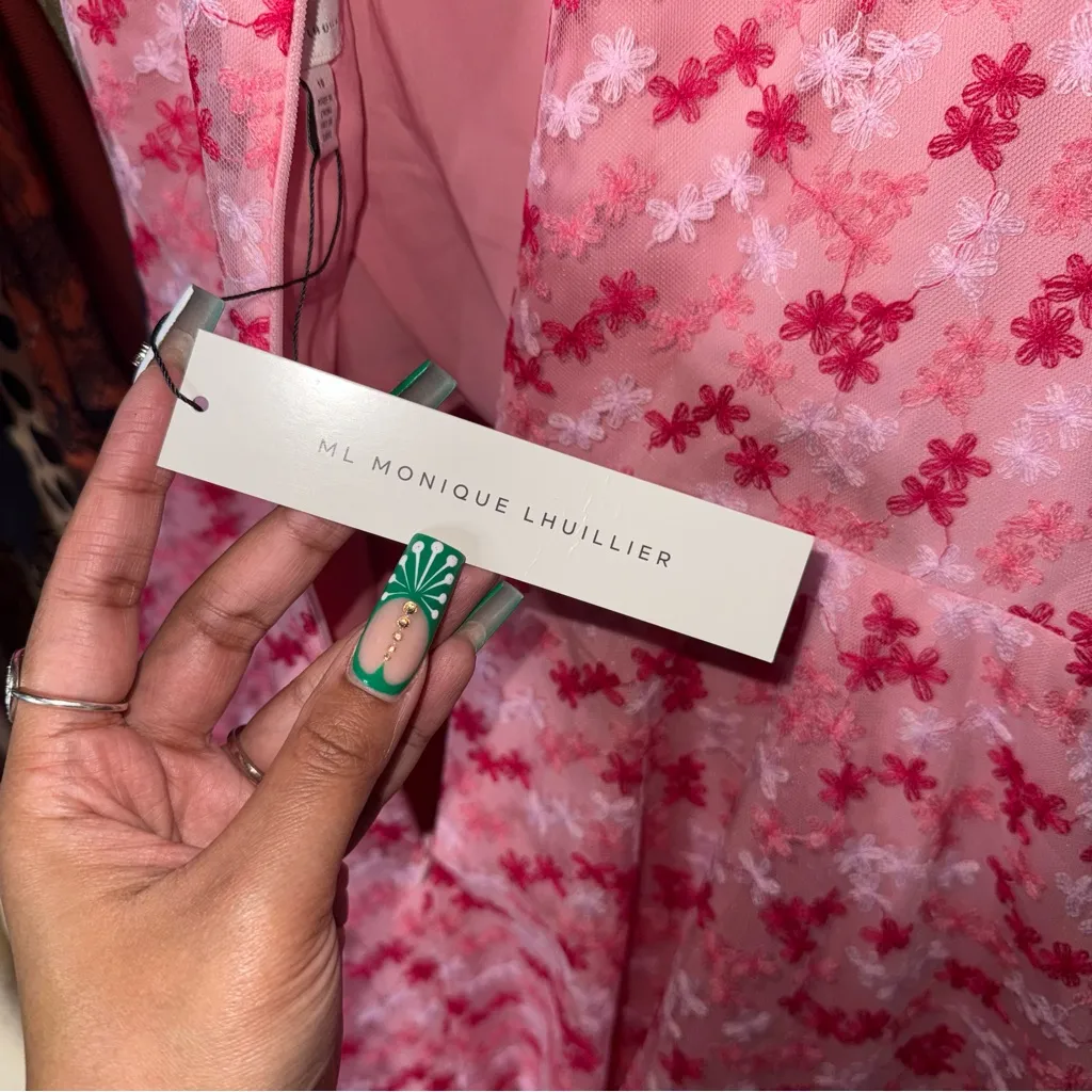 ML Monique Lhuillier Gathered Embroidered Tulle Mini Dress Pink Floral Fit Flare - Image 13