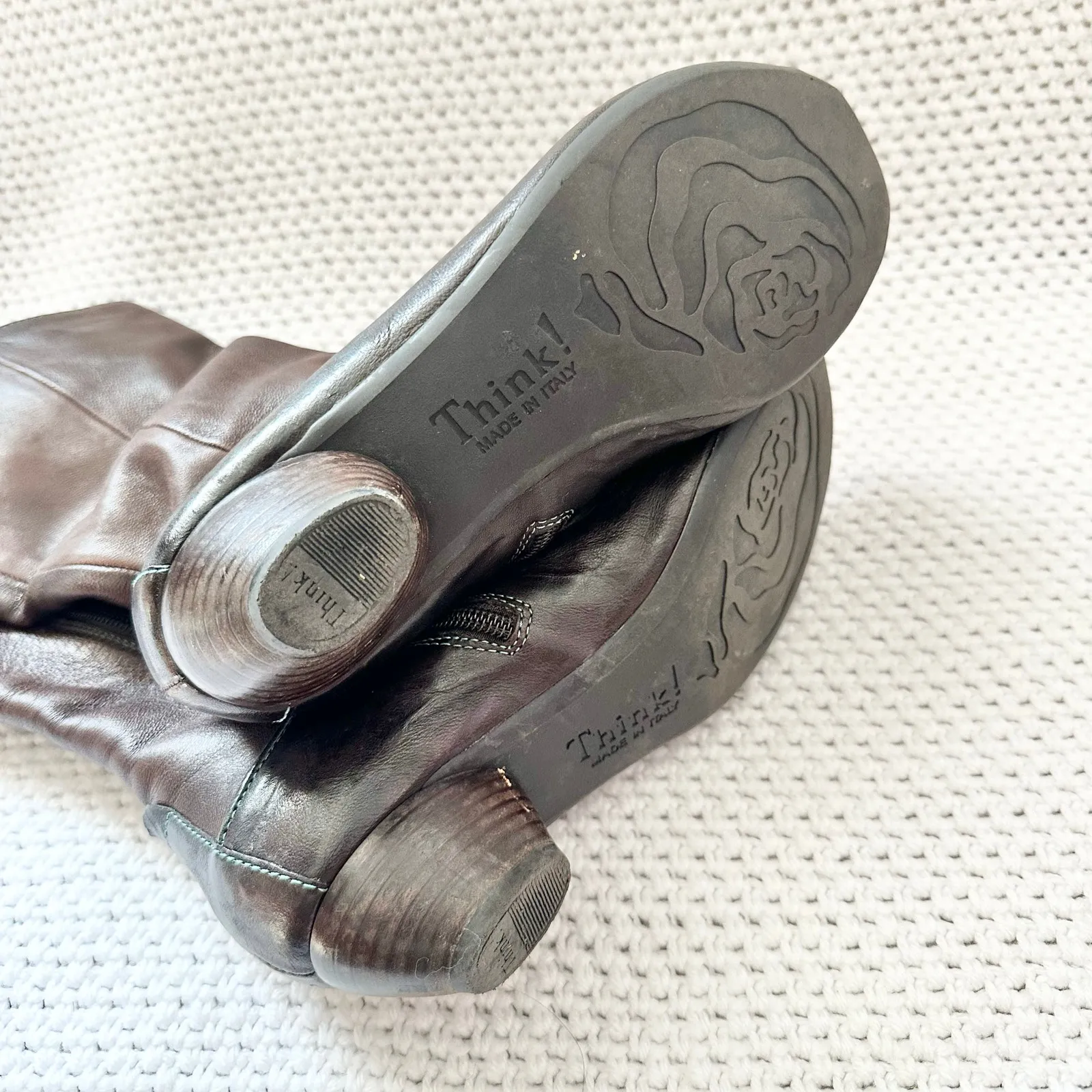 Think! Brown Leather Faux Lace Up Victorian Western Mid Calf Zip Up Boots 37.5 Size 6.5 - Image 8