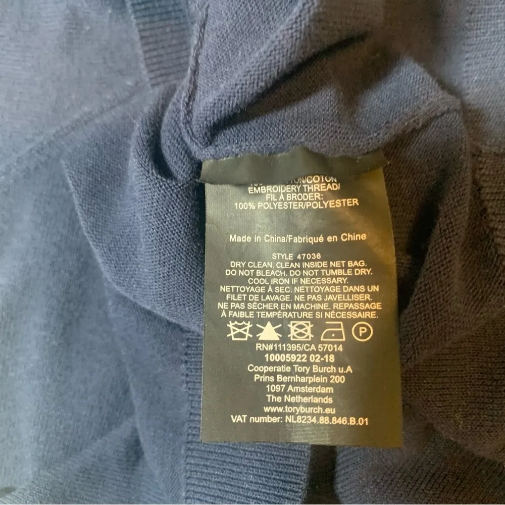 Tory Burch Womens Medium Romantic Embroidered Cotton Knitted Top Navy Blue - Image 5