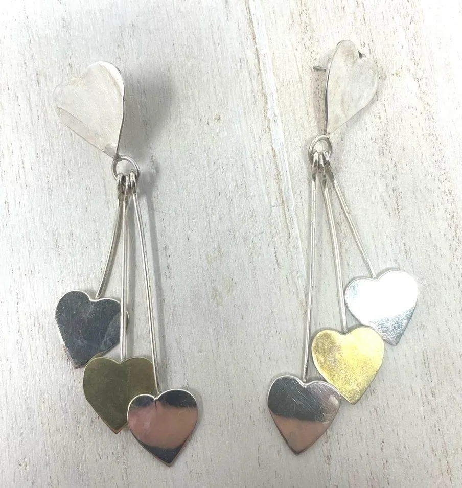 Sterling silver triple heart dangle post earrings, vintage - Image 8