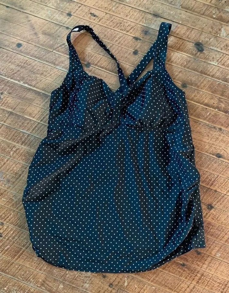 Motherhood Maternity black & white polka dot ruched side L tankini top - Image 1