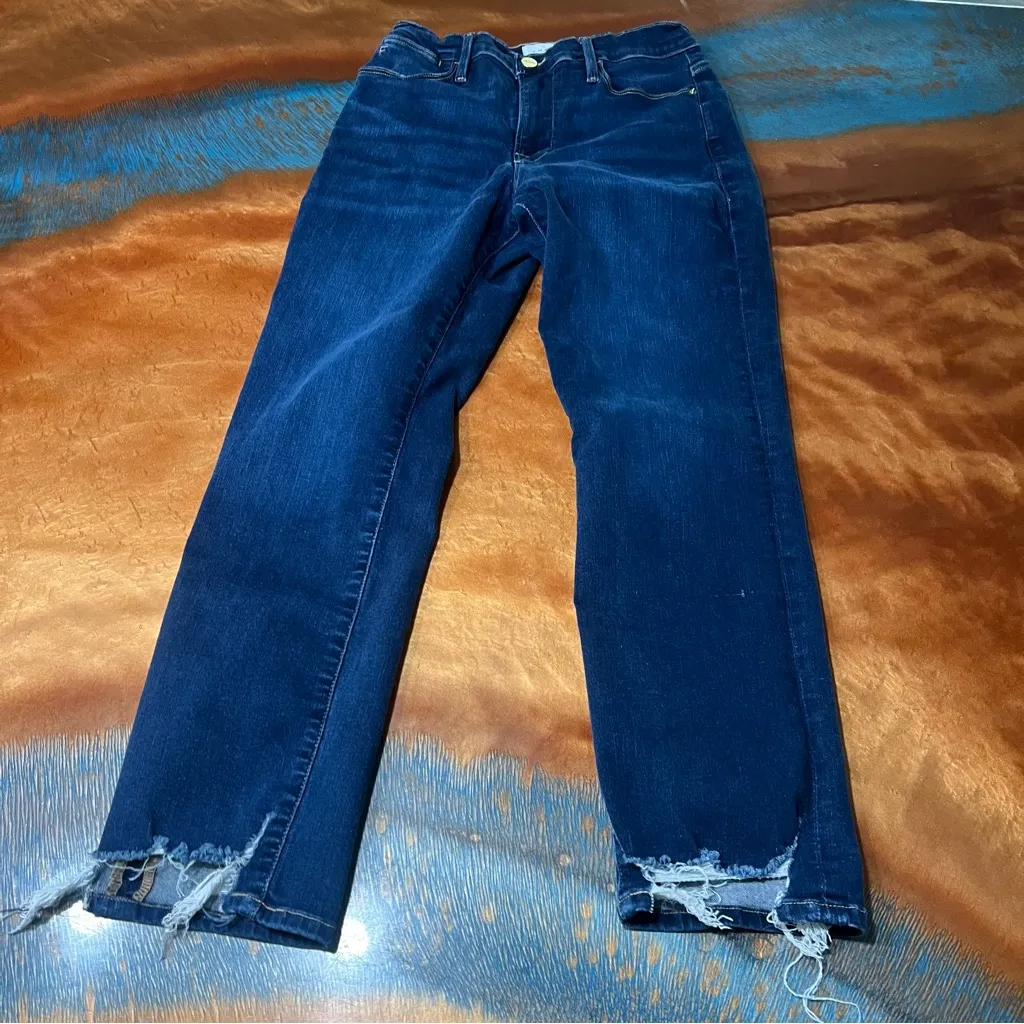 Frame  Le High Straight Distressed chewed hem Denim Dark wash jeans size 29 - Image 3