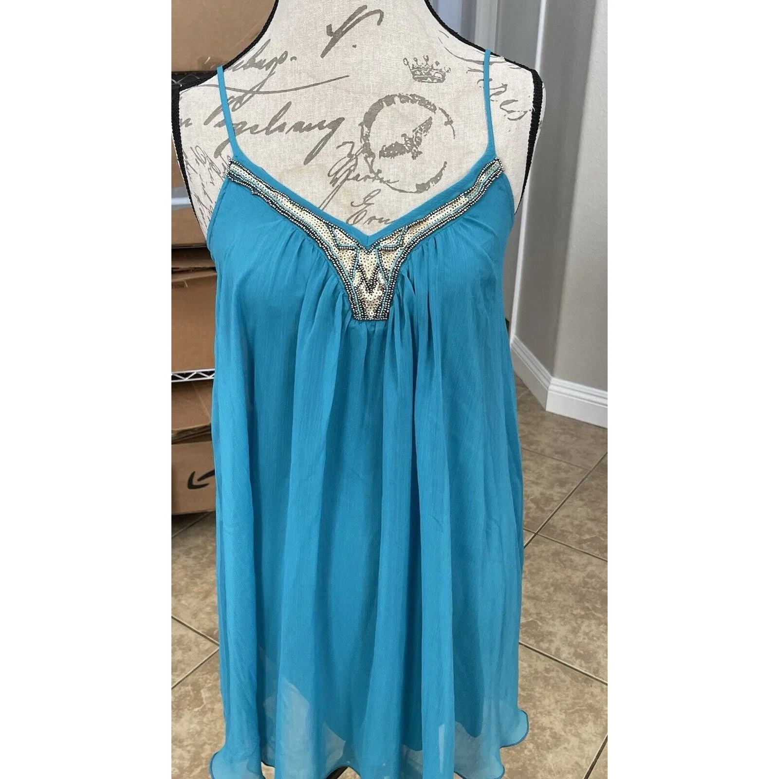 Express Womens Dress XS Chiffon Sequin Beaded Teal Blue Mini Shift Y2k 90s Retro - Image 6