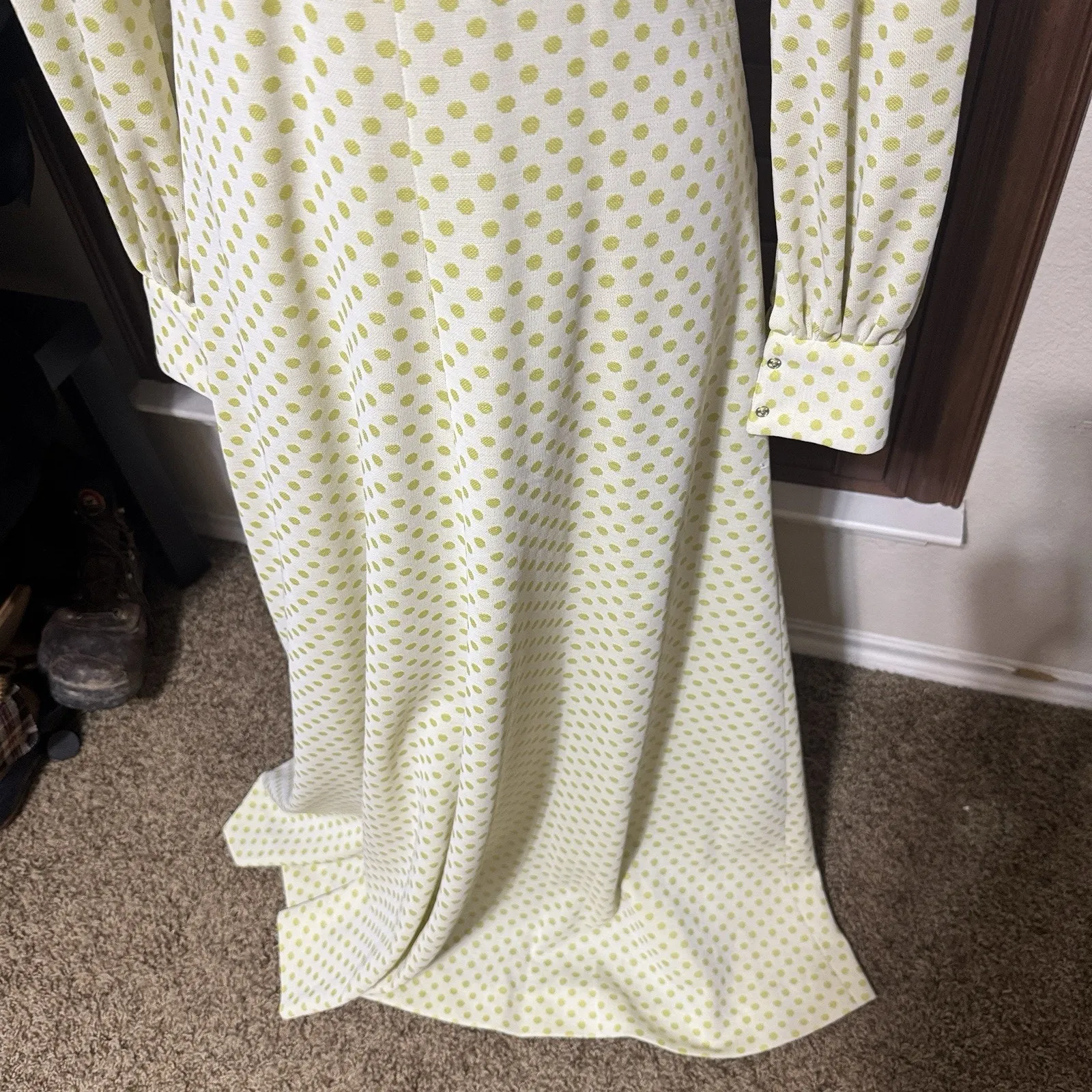 Vintage Maxi Dress 70s Yellow Polka Dot Homemade Prom Dagger Collar Mod Sz S - Image 4