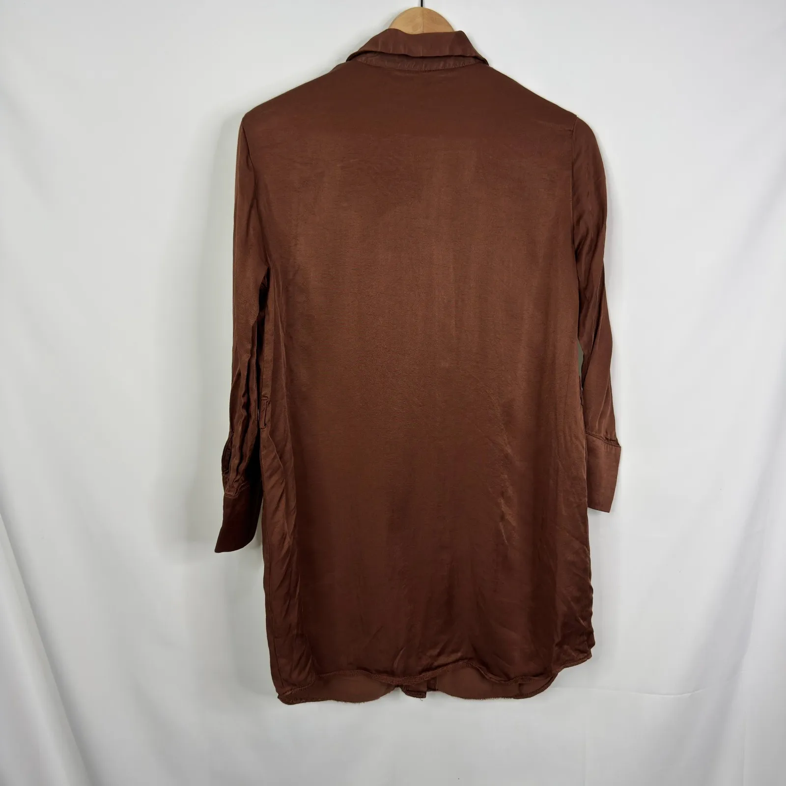 Bershka Satin Button Down Shirt Dress Brown Long Sleeve Tunic NO BELT Sz XS - Image 6