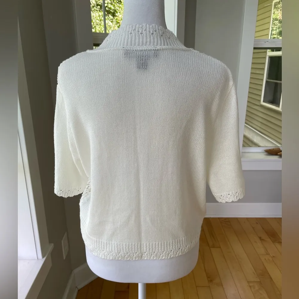 Vintage Y2K Perceptions White Crochet Cropped Tie Front Sweater Size Large - Image 3