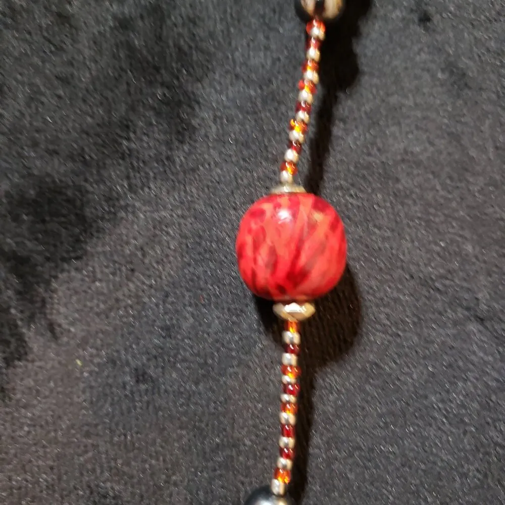 Women Silver Red Glass & Metal Bowls, Seed Beads Station Necklace w/ Spring Ring - Image 3
