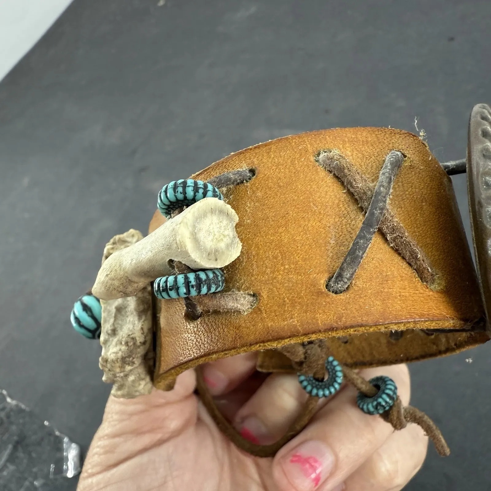 Vintage Handmade Leather Cuff Bracelet Amber Resin Antlers/Beads Native Cuff Orange - Image 15