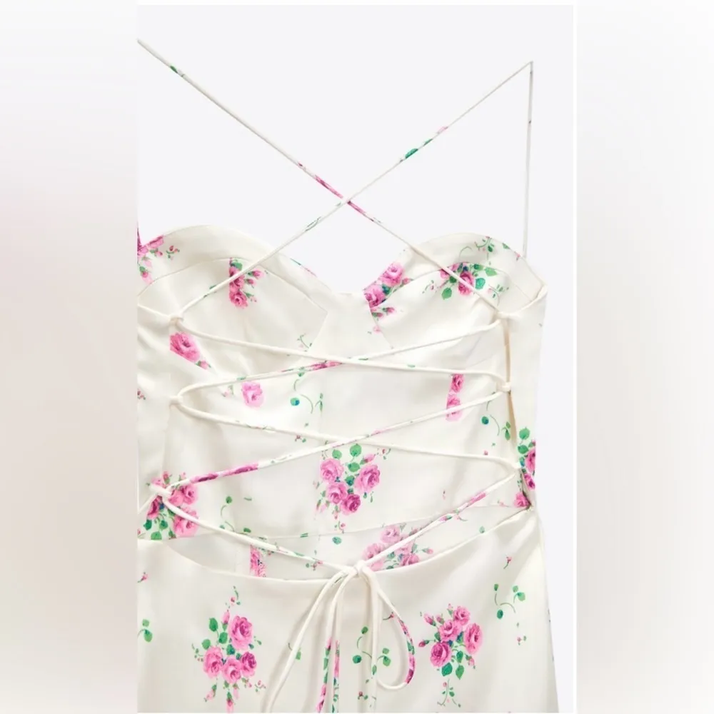 Zara Sweetheart Neckline Floral Print Satin Effect MIDI Dress Cross Back Sz L - Image 7