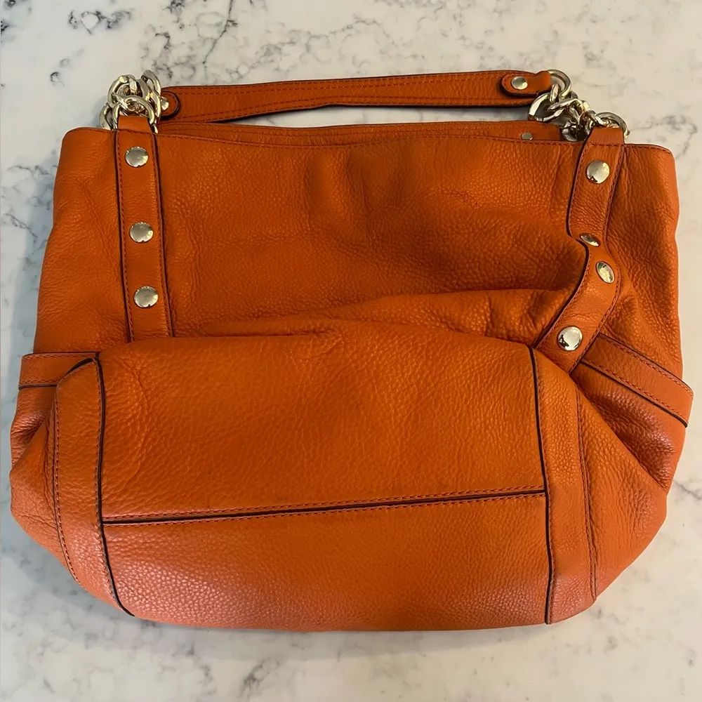 Michael Kors Orange Gold Studded Shoulder Hobo  Leather Bag Purse - Image 9