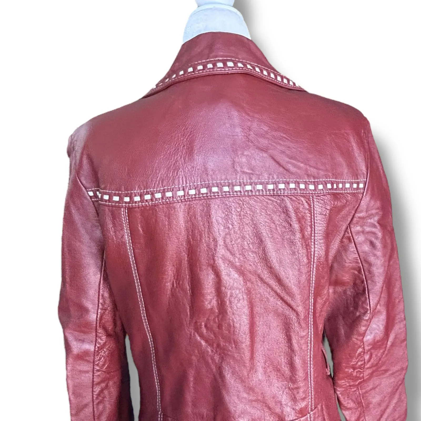 Vintage 70s Burgundy Leather Longline Trench Coat White Whipstitch Western Ranch Red - Image 11