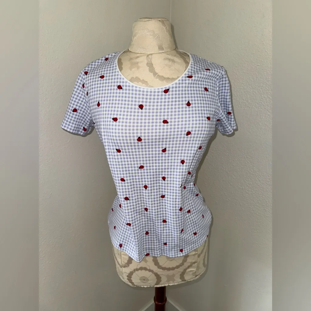 Karen Scott Women’s Ladybug Printed Red Blue and White Scoop-Neck Top-Size PM - Image 4