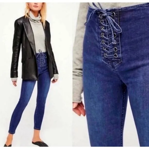 Free People lace up stretch denim skinny fitted jeans 31 - Image 2