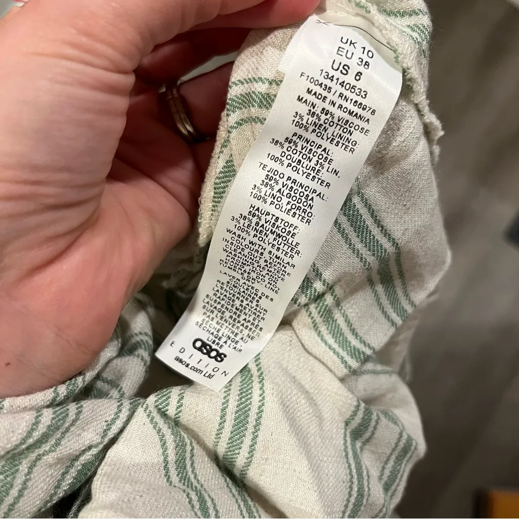 NWOT ASOS EDITION vneck drapey maxi dress in linen mix cream green stripe size 6 - Image 11