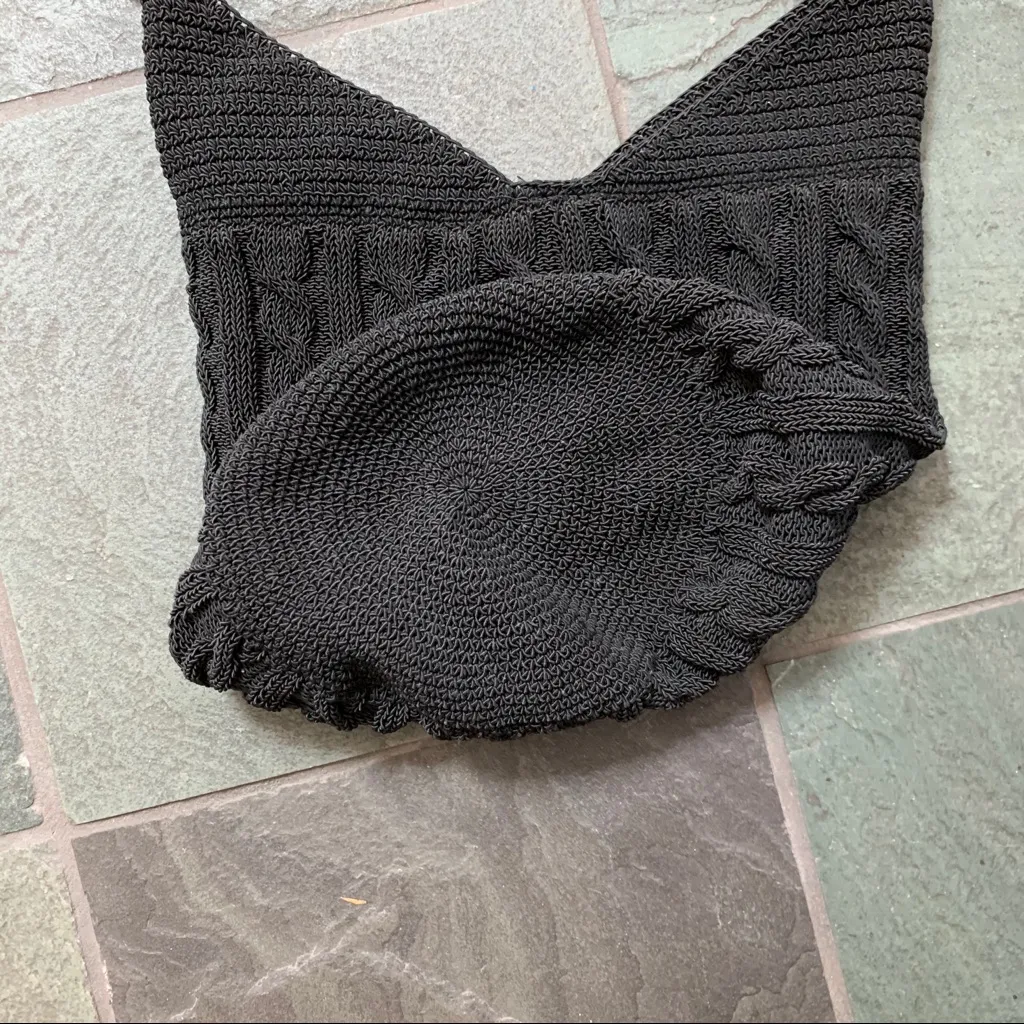 Black lined crochet cable stitch boho shoulder sling bag cotton blend - Image 3