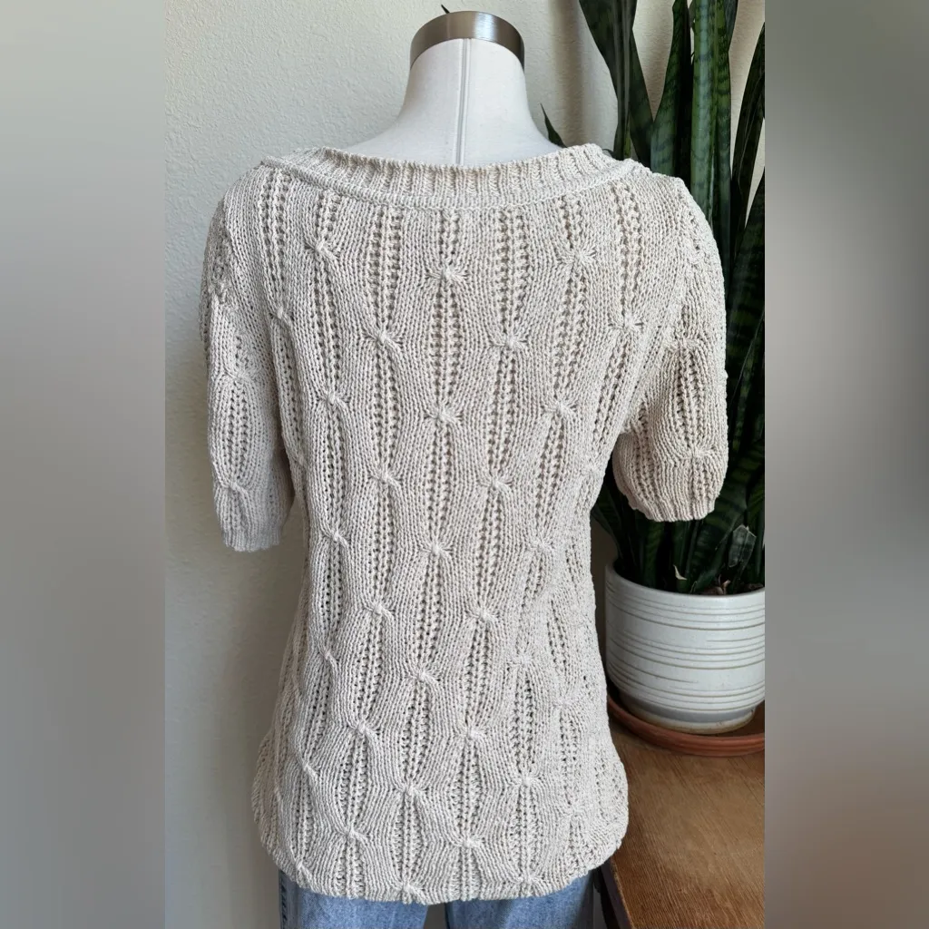 Vintage Calvin Klein Cotton Nylon‎ Knit Sweater Beige cream Short Sleeve large - Image 2