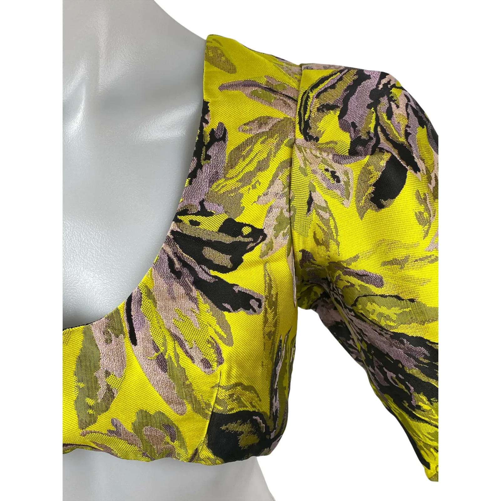 Camila Coelho Women's Yellow Jacquard Short Puff Sleeve Scoop Neck Crop Top S - Image 2