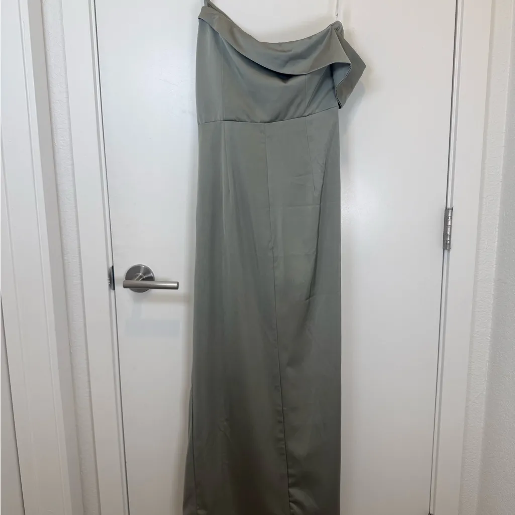 Elegant Off-Shoulder Sage Green Asymmetrical Tulip Midi Dress - Image 8