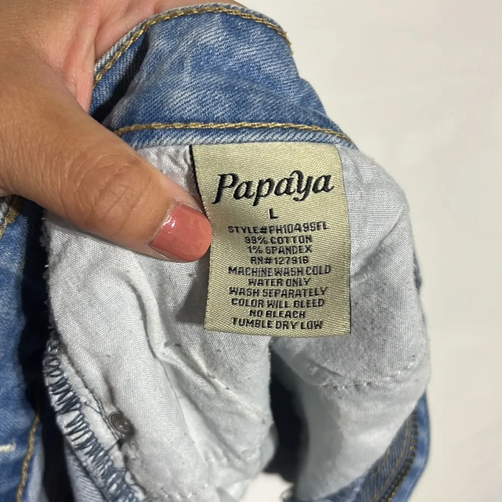 Papaya High-Rise Asymmetrical Frayed Medium Wash Denim Skirt Size Large - Image 8