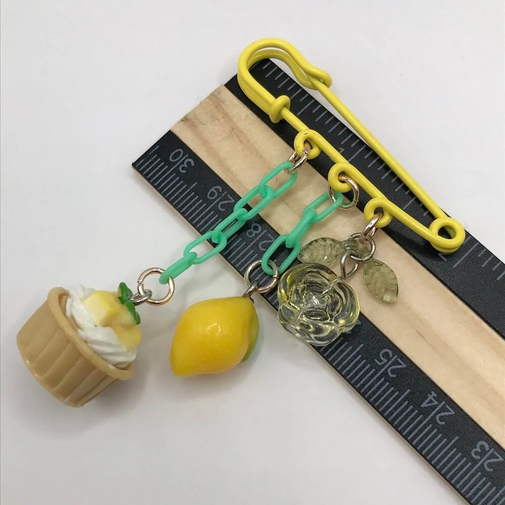 Handmade Charmed Safety Pin Lemon Cupcake Rose Yellow - Image 6