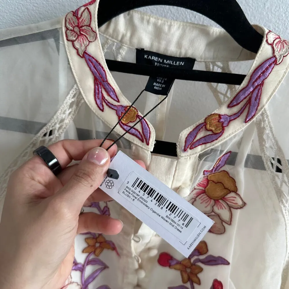 Karen Millen Petite Floral Embroidery Organdie Woven Midi Dress size 2 - Image 3