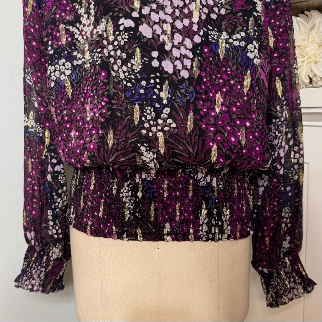 White House Black Market Long Sleeve Floral Metallic Blouson Blouse Purple 10 - Image 8