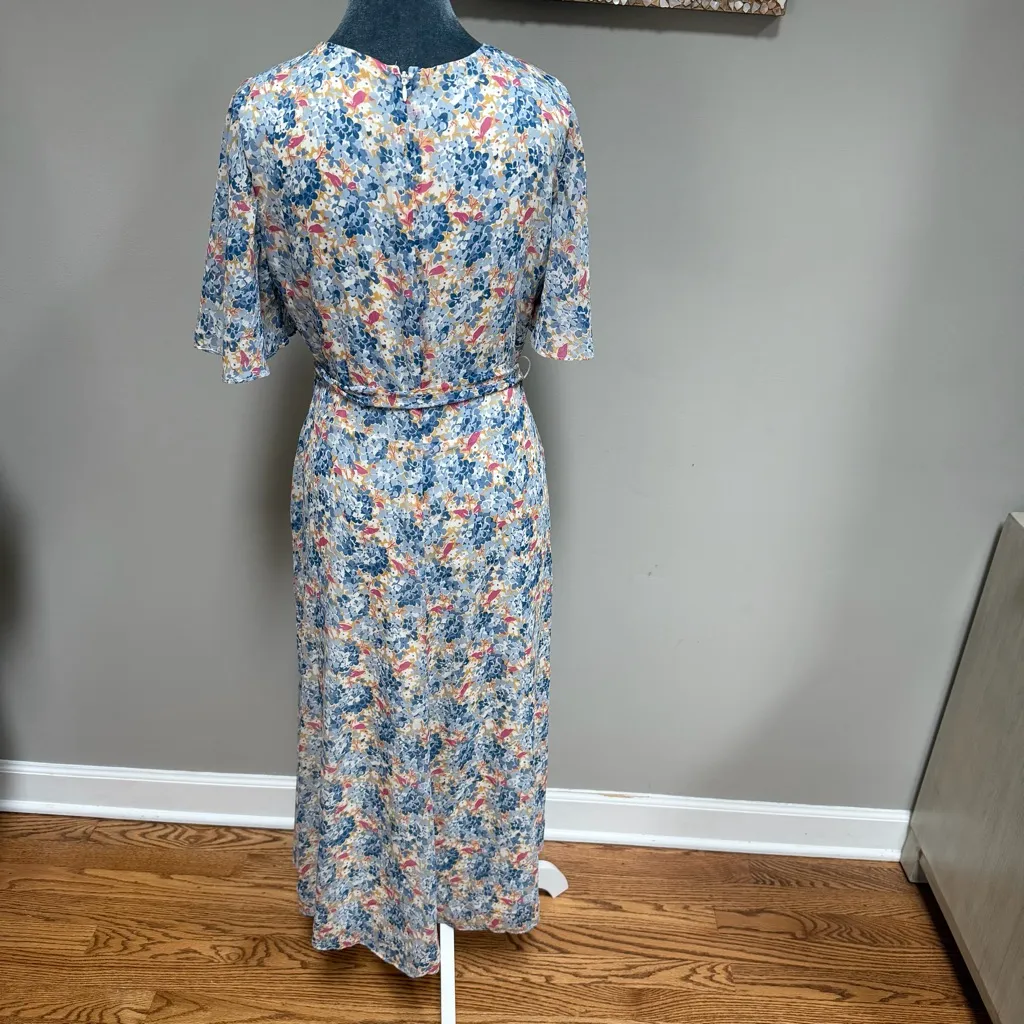 Ralph Lauren Midi Wrap Dress 8 Blue Georgette Floral Belted Chiffon Flounce - Image 5