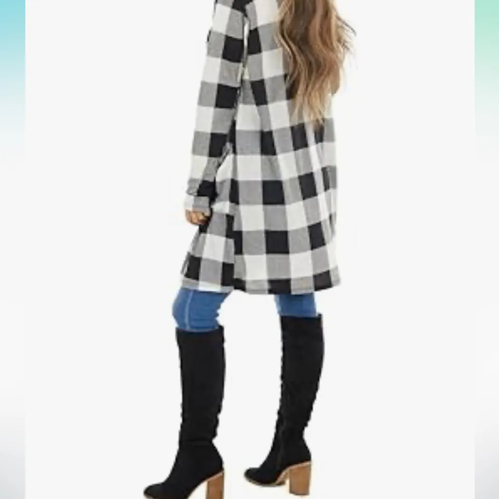 Open Front Long Draped Buffalo Plaid Cardigan - Image 7