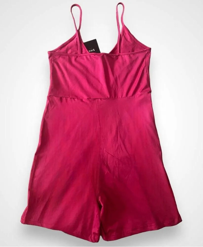 SHEIN BASICS Hot Pink Solid Cami Spaghetti Strap Unitard Romper Small | NWT - Image 2